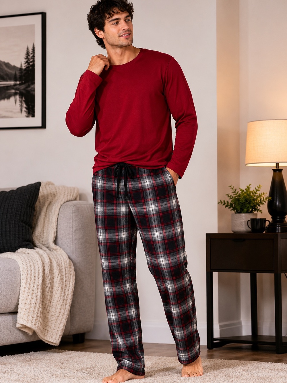 Cuddl Duds Men’s Sleepwear Loungewear‎ Burgundy Shirt Plaid Bottoms Med NWOT
